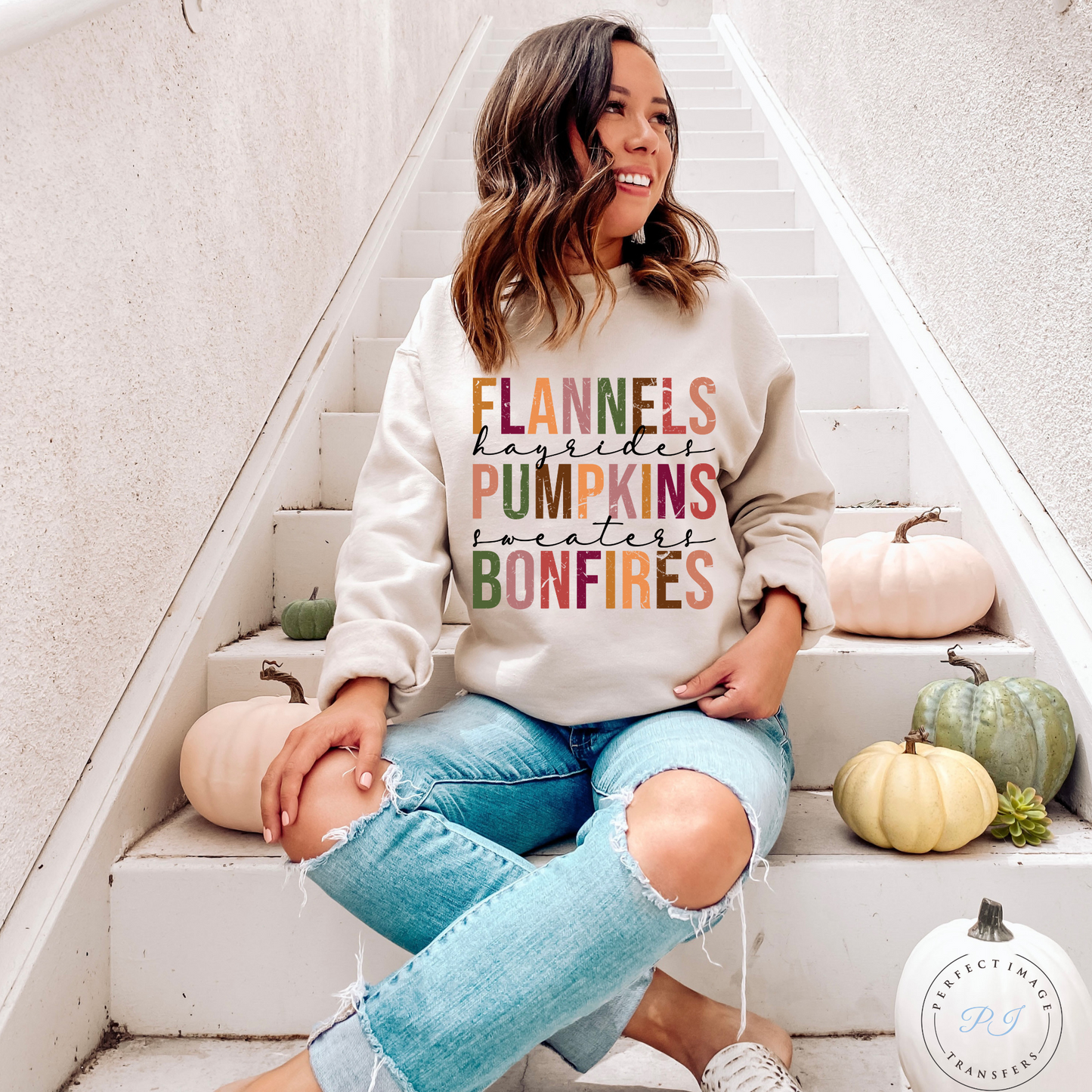 Flannels, Hayrides, Pumpkins, Sweaters, Bonfires-Distressed-Clear Screen Print Transfer